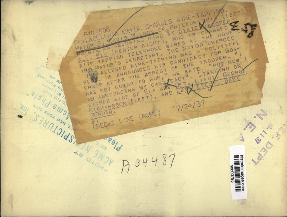 1937 Press Photo Philadelphia Mayor Davis Wilson, State Trooper WF Ely