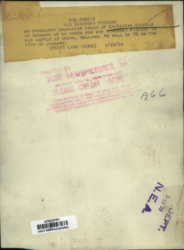 1934 Press Photo Ex Kaisar Wilhelm of Germany for his 75th birthday - neo00824