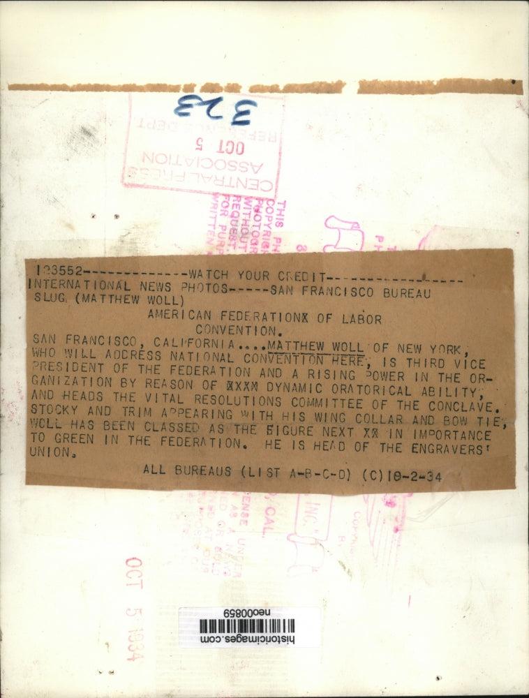 1934 Press Photo Matthew Woll of NY at American Federation of Labor convention