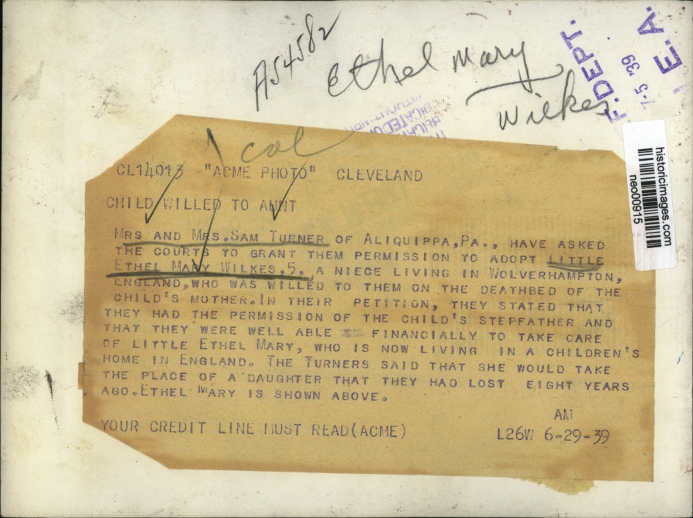 1939 Press Photo Ethel Mary Wilkes, Child Willed to Sam Turner & Wife of PA