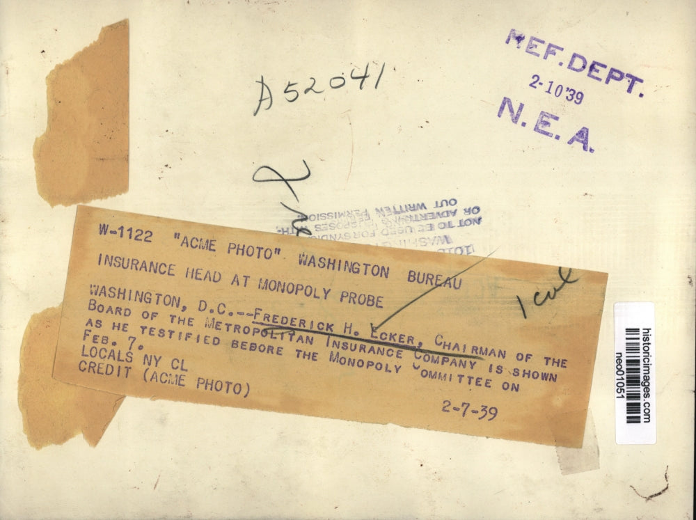 1939 Press Photo Frederick Ecker Insurance Head at Monopoly Probe Washington D C