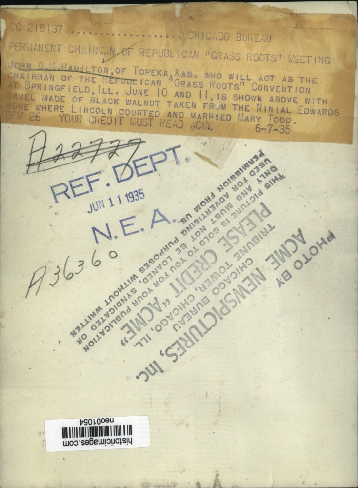 1935 Press Photo John D M Hamilton Chairman of Republican Convention in Ilinois