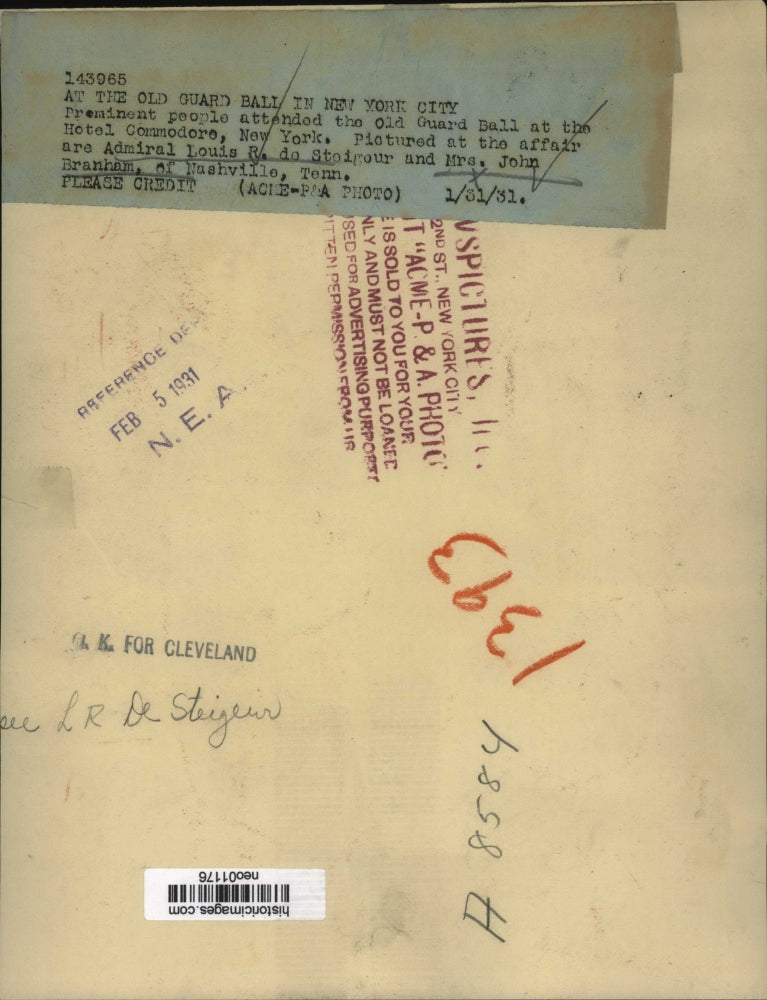 1931 Press Photo Adm. Louis R. de Steigeur, Mrs. John Branham at Old Guard Ball