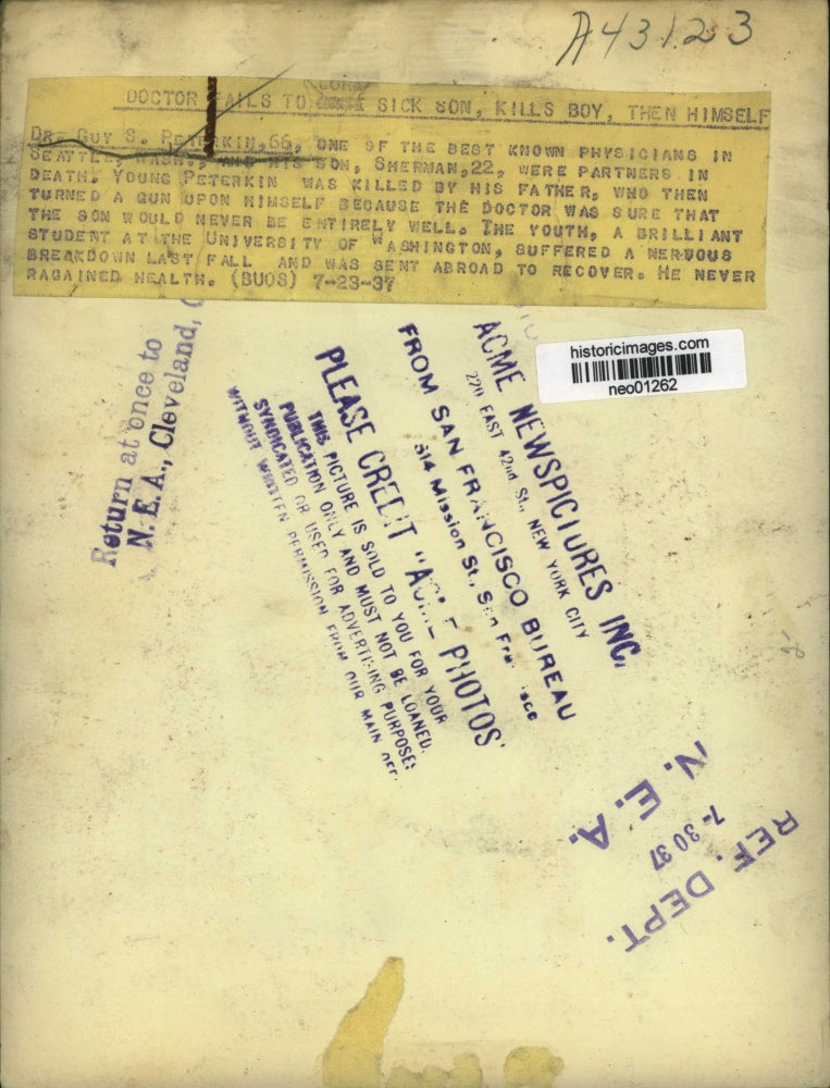 1937 Press Photo Dr Guy S Peterkin Seattle doctor who killed his father