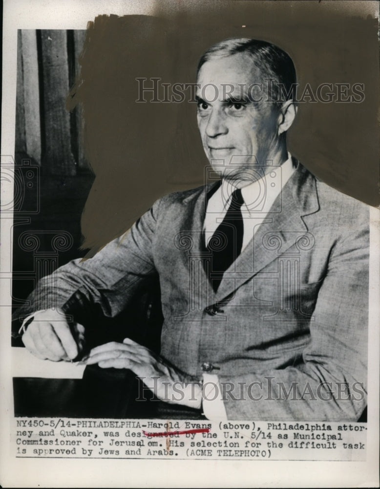 1948 Press Photo Harold Evans PA attorney for UN Municipal Commissioner
