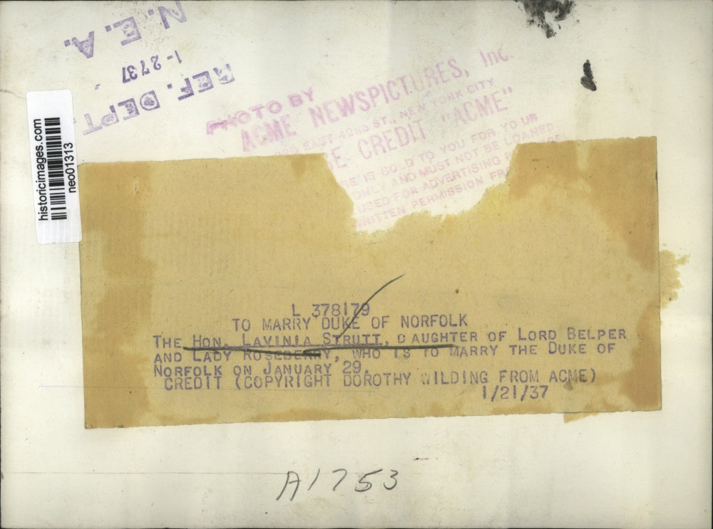 1937 Press Photo The Hon Lavinia Strutt to wed the Duke of Norfolk - neo01313