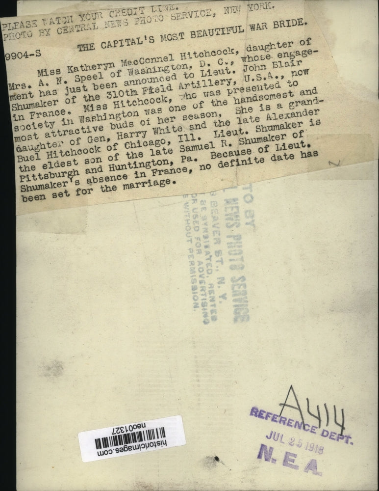 1918 Press Photo Katheryn MacConnel Hitchcock engaged to Lt John Blair Shumaker