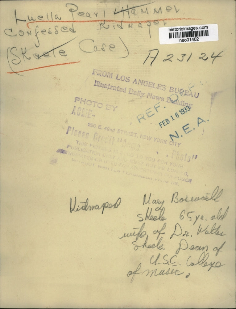 1933 Press Photo Luella Pearl Hammer confessed kidnapper in Skeele case