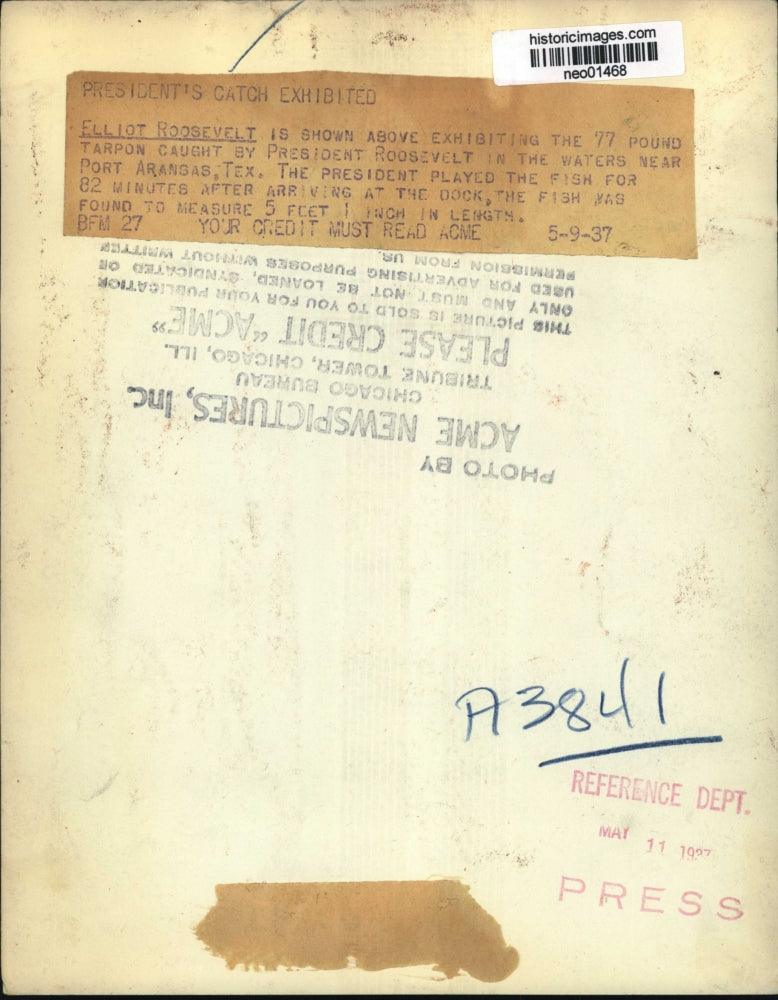 1937 Press Photo Elliot Roosevelt & tarpon caught by President FD Roosevelt