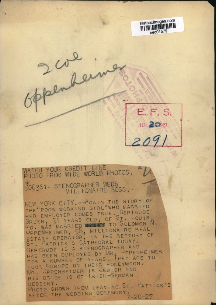 1927 Press Photo Gertrude Gruen wedding to Solomon N Oppenheimer in NYC