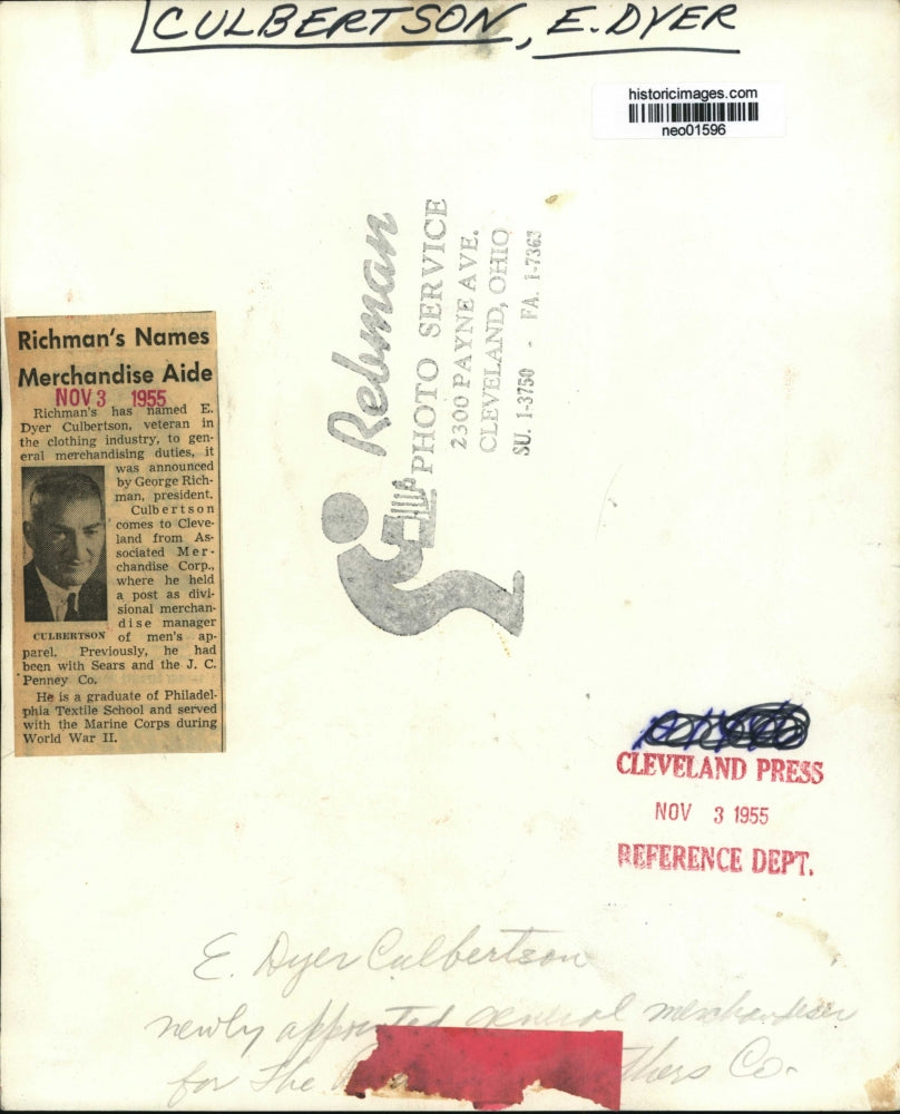 1955 Press Photo E Dyer Culbertson new Mercchandise Aide in Cleveland business