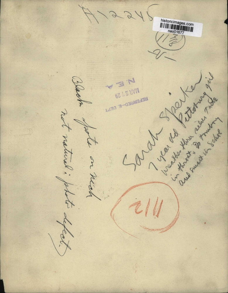 1929 Press Photo Sarah Speiken, 7-Year-Old Pittsburgh Girl - neo01677