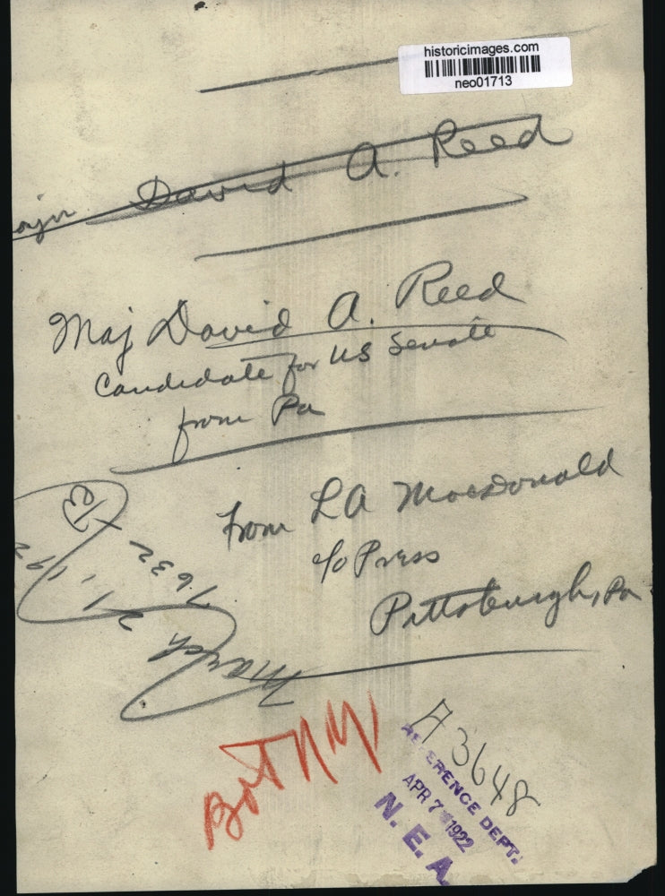 1922 Press Photo Major David A. Reed, Candidate for US Senate - neo01713