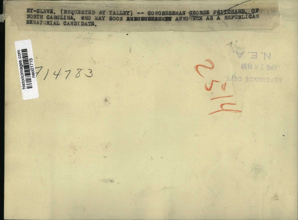 1930 Press Photo Congressman George Pritchard of NC May Run as Sen. Candidate