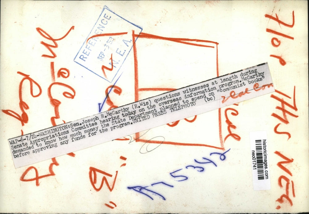 1953 Press Photo Senator Joseph McCarthy at Senate Appropriations Committee