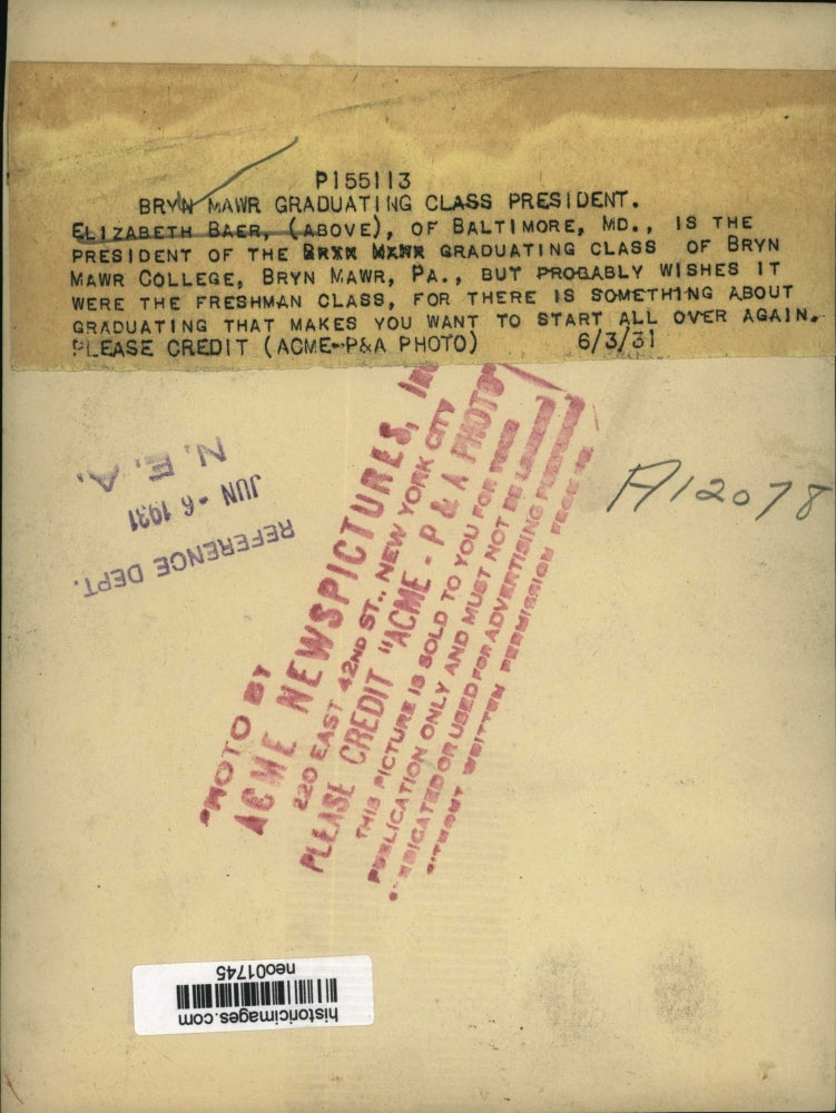 Load image into Gallery viewer, 1931 Press Photo Elizabeth Baer, Graduating Class President Bryn Mawr College
