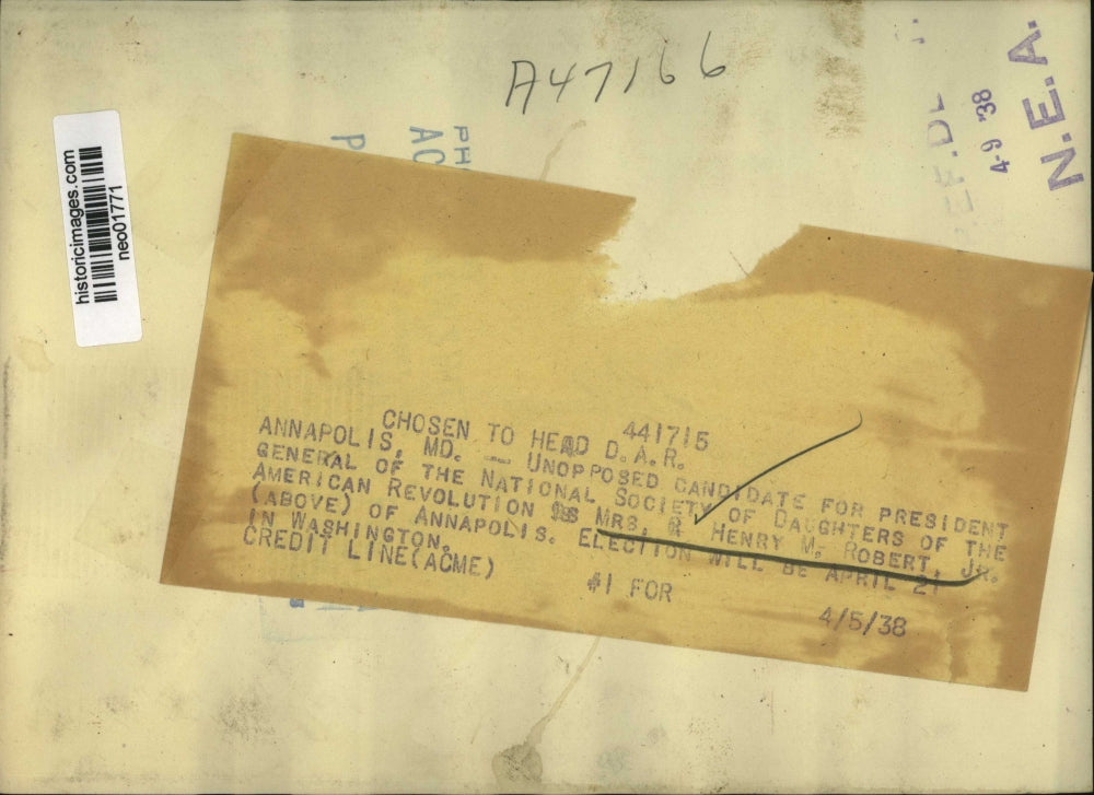 1938 Press Photo Mrs. Henry M. Robert of Daughters of American Revolution