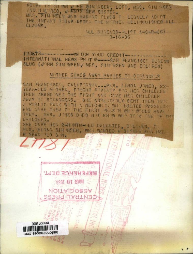 1936 Press Photo Mrs Simonsen & children John & Dolores to be adopted in CA