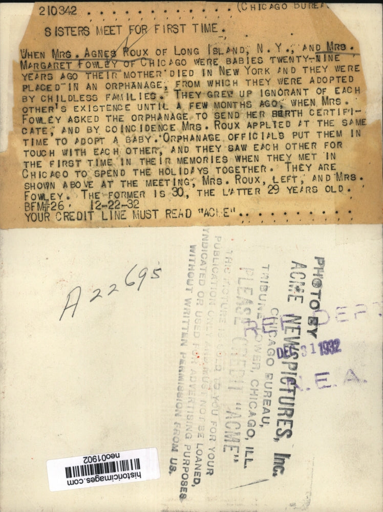 1932 Press Photo rs Agnes Roux, Mrs Margaret Fowley reunite after 29 years