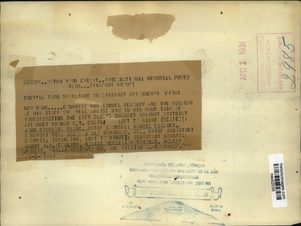 1931 Press Photo NY Commissioner Sam Seabury & staff JK Clark, JG Schurman