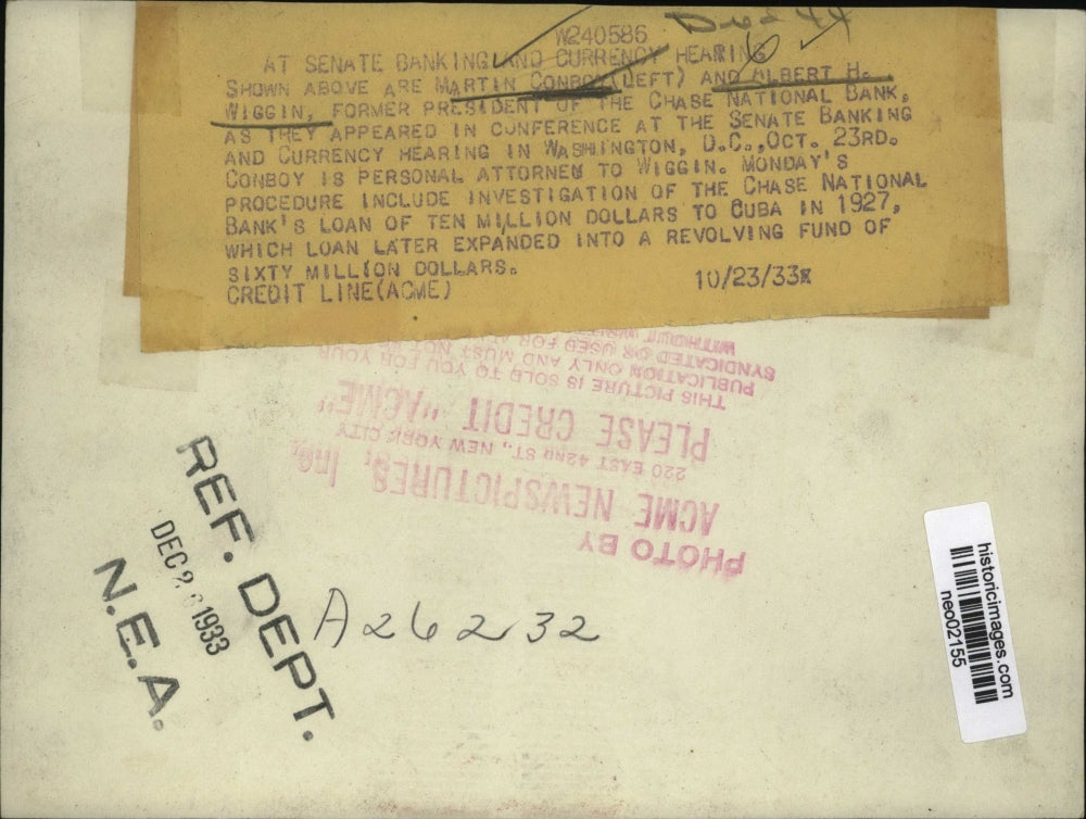 1933 Press Photo Martin Conroy, Albert H. Wiggin at Senate Banking Hearing