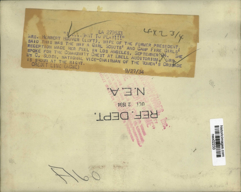 1934 Press Photo Mrs Hoover (L) Wife of Former President & Mrs C Sloss (R)