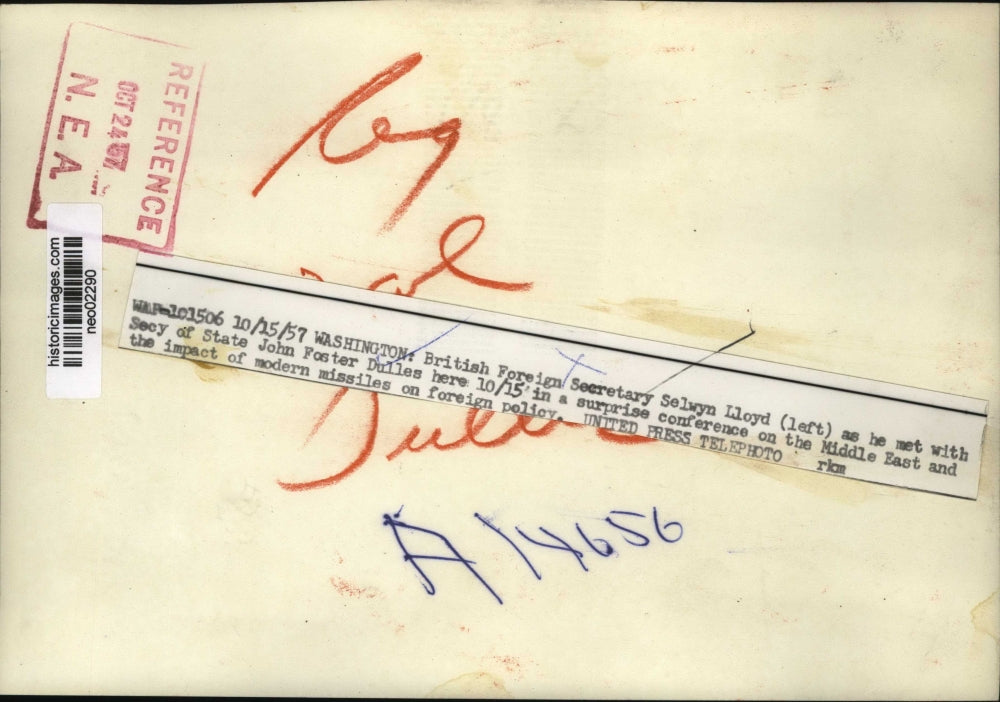 1957 Press Photo Selwyn Lloyd, John Foster Dulles in US Middle East Conference