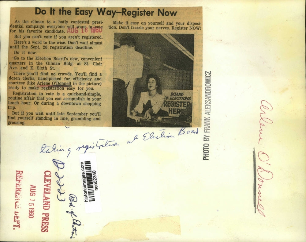 1960 Press Photo Arlene O'Donnell, Board of Elections Registration Worker