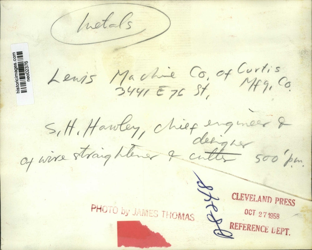 1958 Press Photo S.H. Hawley of Lewis Machine Company, Curtis Manufacturing Co.