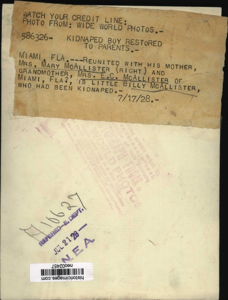 1928 Press Photo Kidnapped Boy Billy McAllister Reunited with Family - neo02457