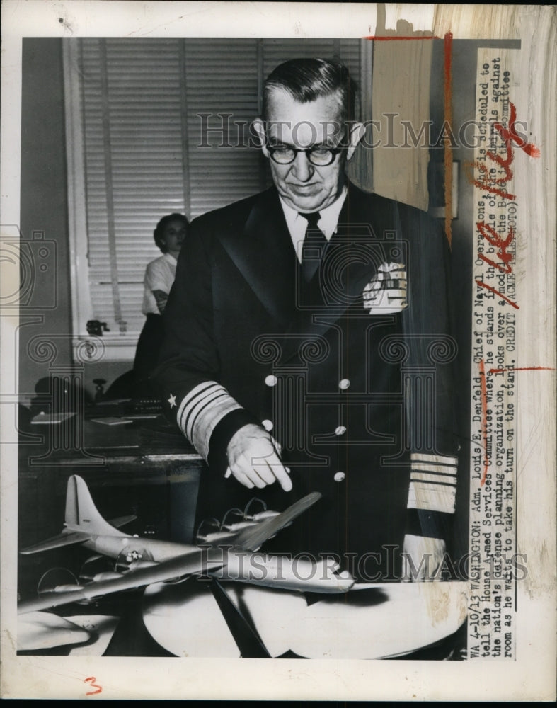 1949 Press Photo Admiral Louis E. Denfeld at House Armed Services Hearing