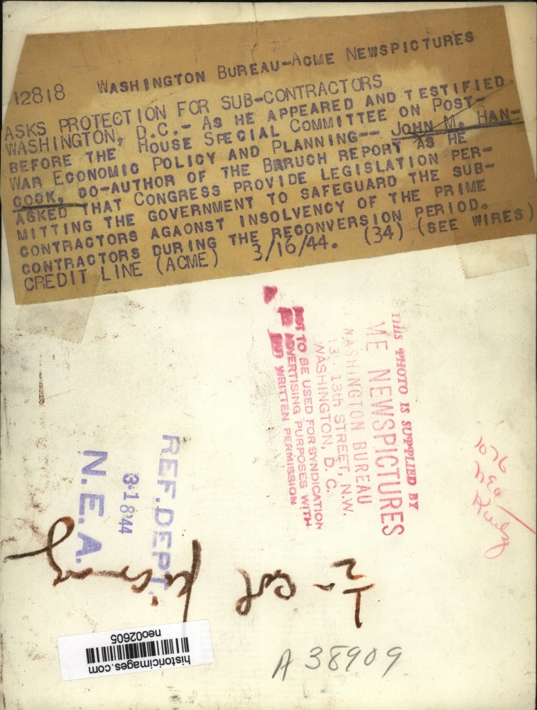 1944 Press Photo John M. Hancock at House Post-War Economic Policy & Planning