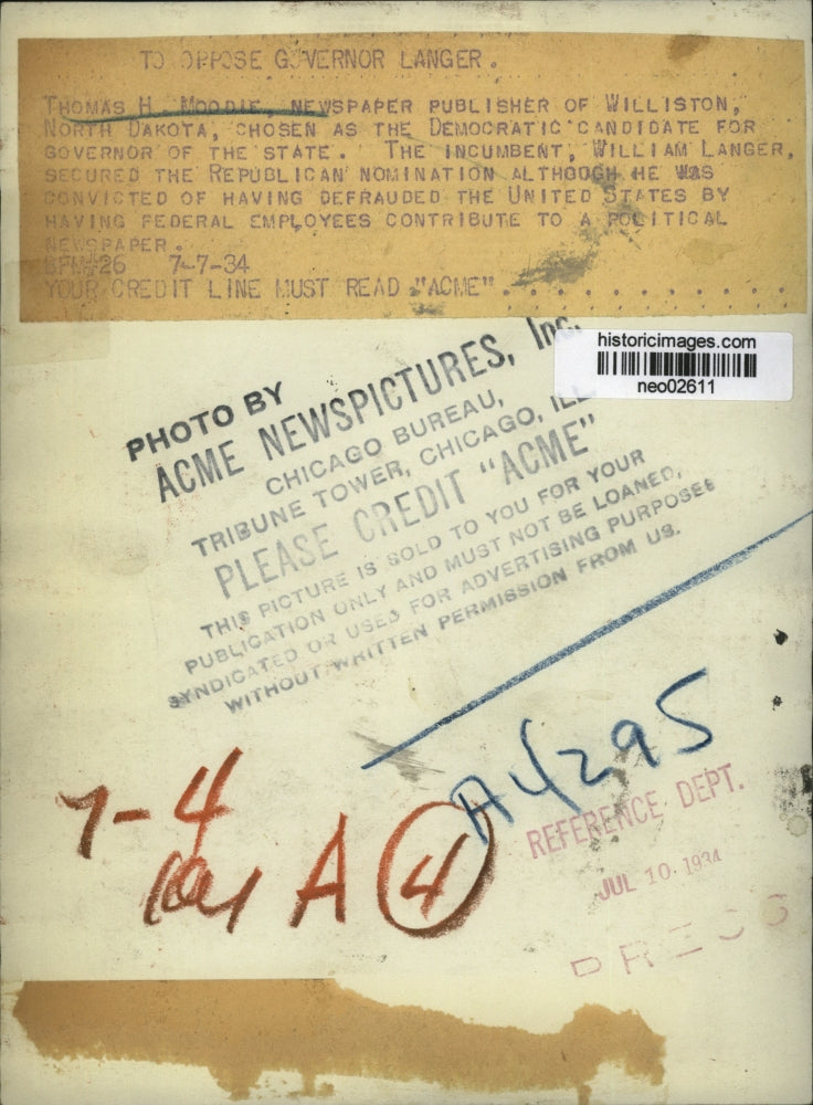 1934 Press Photo Thomas H. Moodie, Democratic Candidate North Dakota Governor