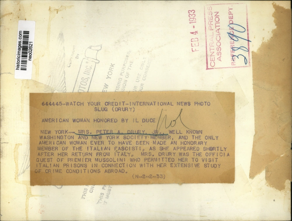 1933 Press Photo Mrs. Peter A. Drury Jr., Honorary Member Italian Fascisti