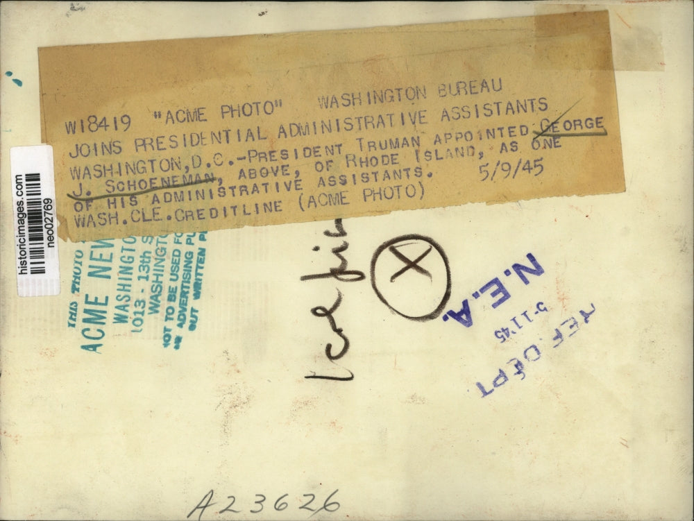 1945 Press Photo George J. Schoeneman, Truman Administration Assistant