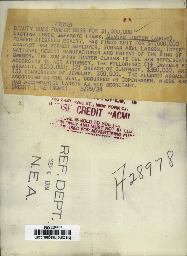 1934 Press Photo Vivian Hunter, Suing Former Employer Gunnar Axel Larson