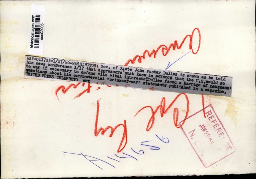 1956 Press Photo John Foster Dulles at News Conference, Washington, D.C.