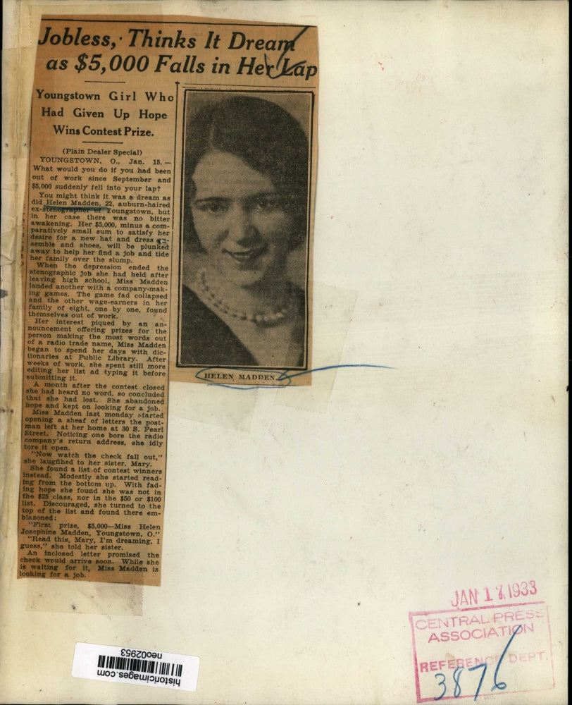 1933 Press Photo Helen Madden, Won $5,000 in Radio Contest Prize - neo02953