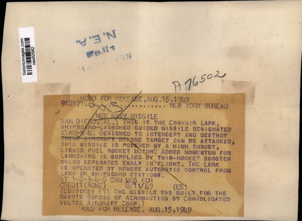 1949 Press Photo Convair Lark XSAM-N-4 Guided Missile - neo02982