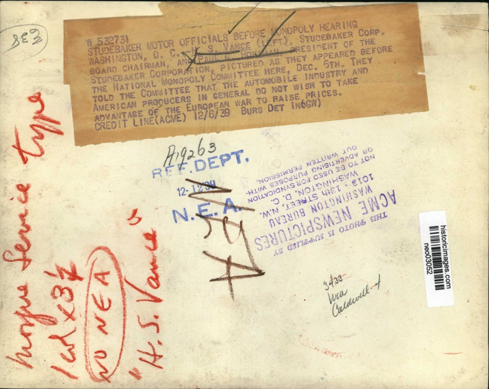 1939 Press Photo H.S. Vance, Paul S. Hoffman with National Monopoly Committee