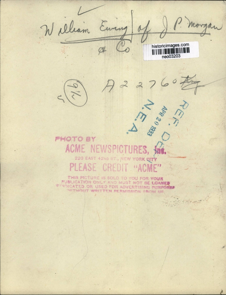 1933 Press Photo William Ewing of J.P. Morgan - neo03203