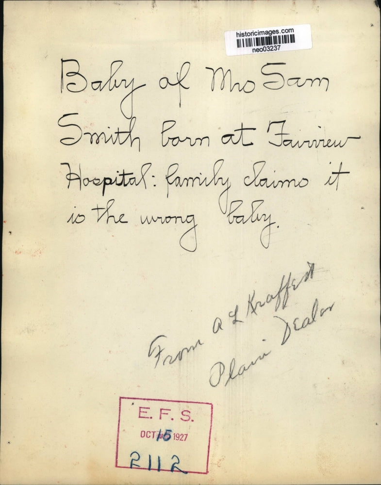 1927 Press Photo Baby of Mrs. Sam Smith, Born at Fairview Hospital - neo03237