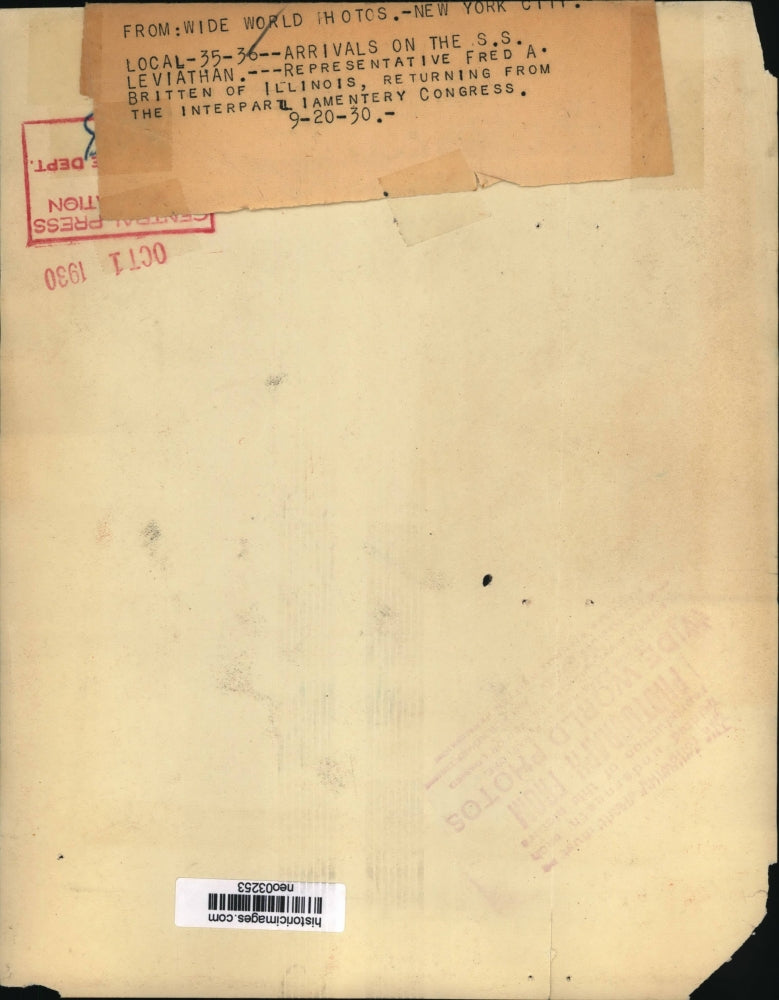 1930 Press Photo Congressman Fred A. Britten in New York Aboard SS Leviathan