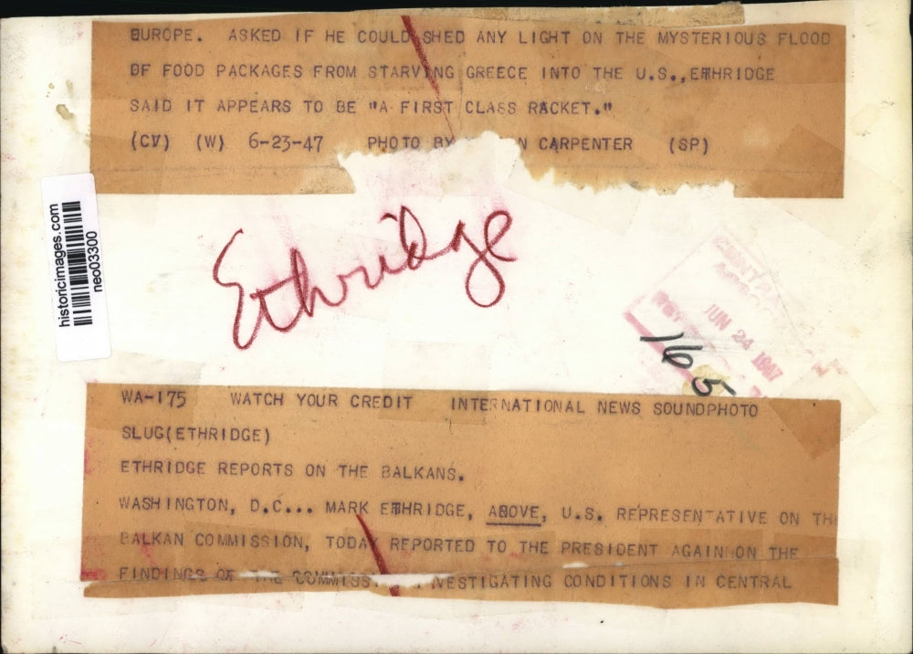 1947 Press Photo Congressman Mark Ethridge of Balkan Commission - neo03300