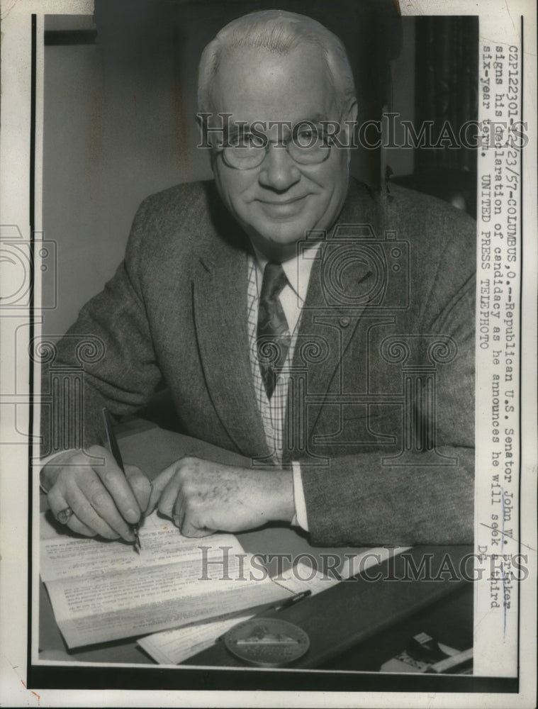 1957 Press Photo Senator John W. Bricker of Ohio - neo03396