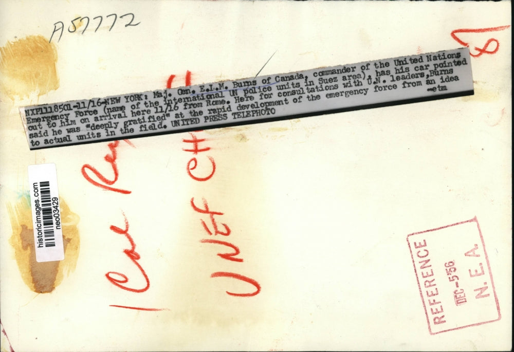 1956 Press Photo Major General E.L.M. Burns of Canada in New York City