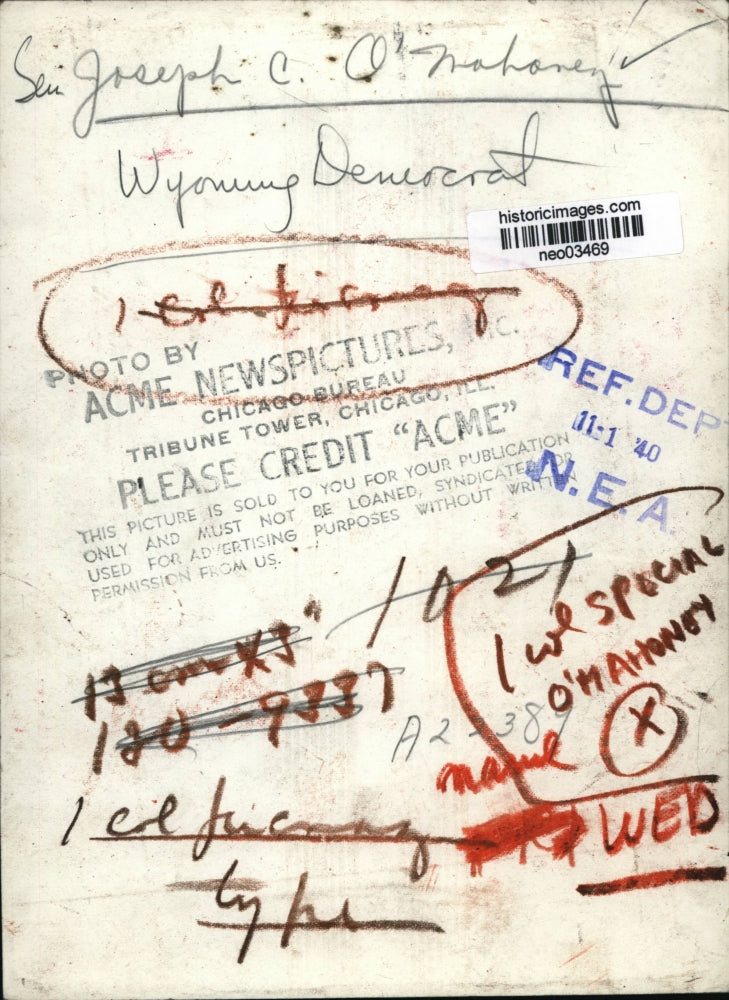 1940 Press Photo Senator Joseph C. O'Mahoney of Wyoming Democrat - neo03469