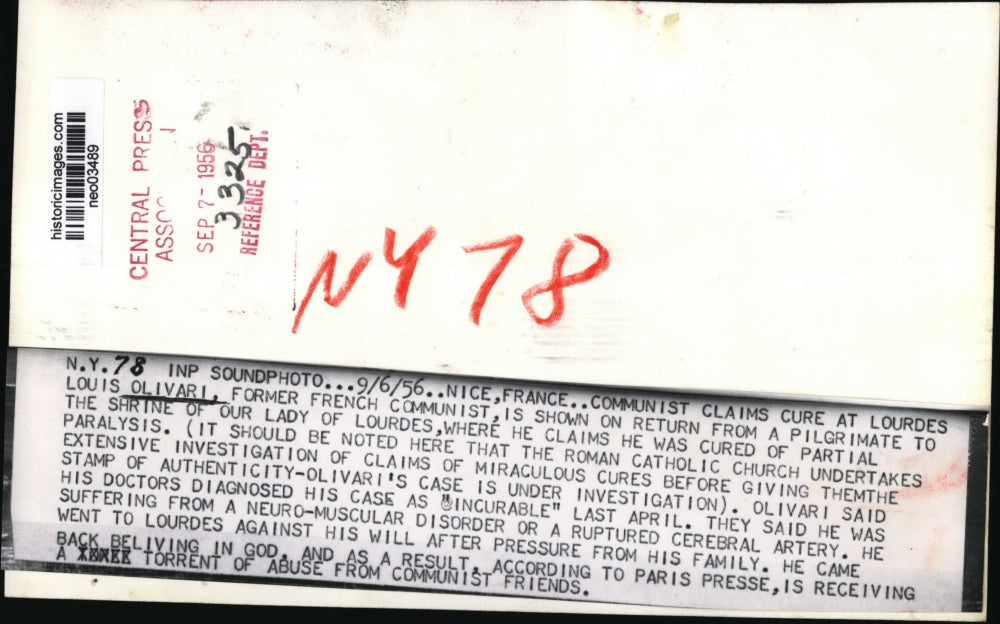 1956 Press Photo Louis Olivari returns from Shrine of Our Lady Lourdes