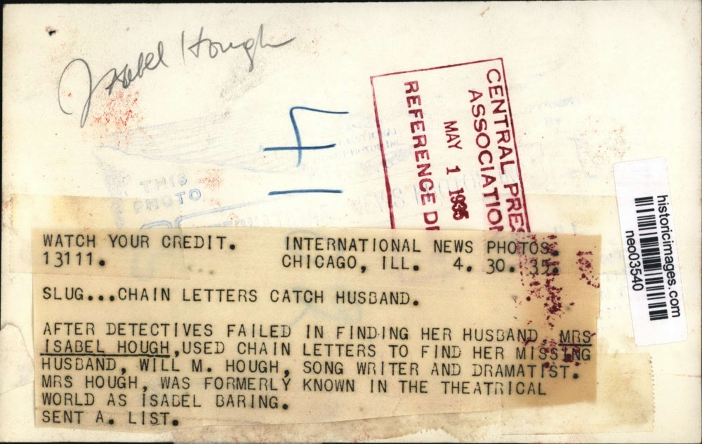 1935 Press Photo Isabel Hough used chain letters to find her missing husband