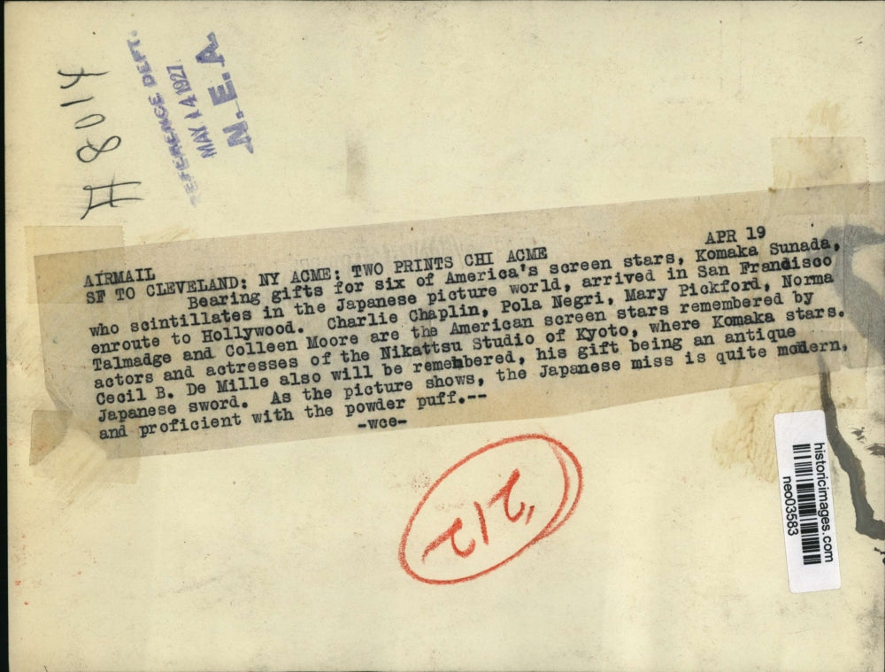 1927 Press Photo Komaka Sunada, Japanese Actress - neo03583